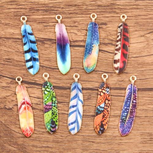 Zinc Alloy Enamel Pendants, Feather, gold color plated, DIY [