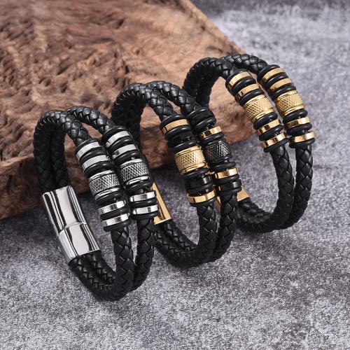 bracelet de cordon en PU , Acier inoxydable 316, avec Aimant & cuir PU, Placage ionique sous vide, Double couche & unisexe & normes différentes pour le choix, plus de couleurs à choisir, Vendu par PC