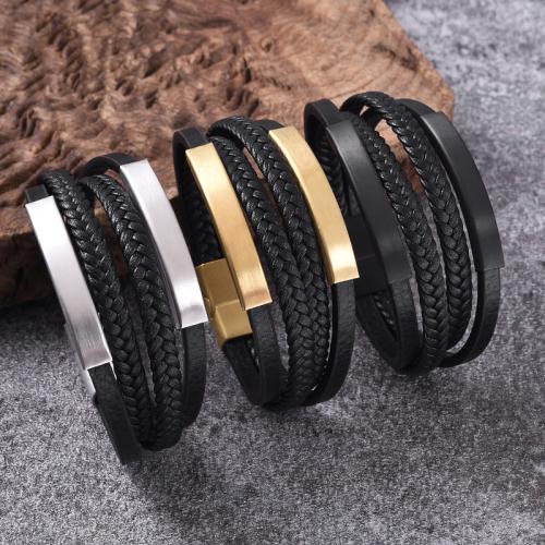 bracelet de cordon en PU , Acier inoxydable 316, avec cuir PU, Placage ionique sous vide, multicouche & normes différentes pour le choix & pour homme, plus de couleurs à choisir, Vendu par PC