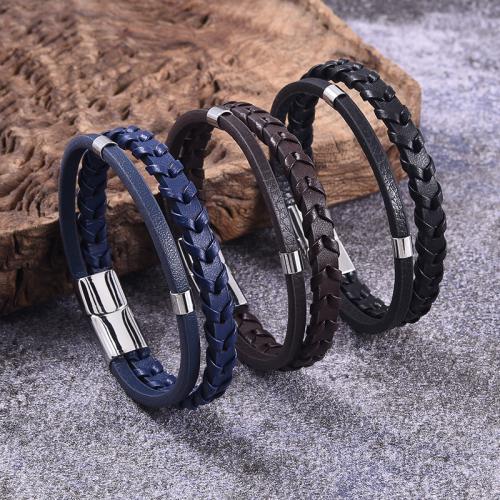 bracelet de cordon en PU , Acier inoxydable 316, avec cuir PU, Placage ionique sous vide, Double couche & normes différentes pour le choix & pour homme, plus de couleurs à choisir, Vendu par PC