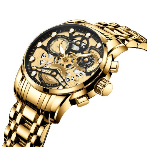 304 Stainless Steel Watch Bracelet, with Glass & Zinc Alloy, Round, plated, Life water resistant & Chinese movement & for man & luminated Approx 220 mm 