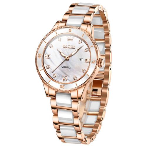 Zinc Alloy Watch Bracelet, with Porcelain & Glass & 304 Stainless Steel, Round, plated, Life water resistant & with single calendar & for woman & with rhinestone 