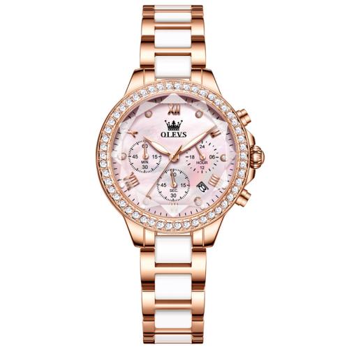 Zinc Alloy Watch Bracelet, with Glass & 304 Stainless Steel, Round, Vacuum Ion Plating, Life water resistant & for woman & luminated & with rhinestone 