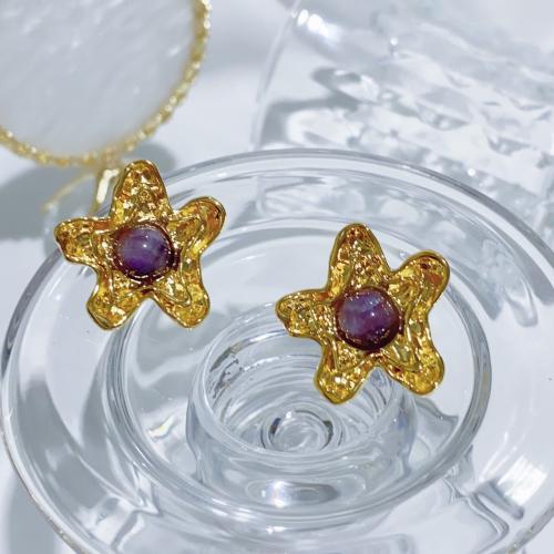 Gemstone Stud Earring, Brass, with Amethyst, Starfish, fashion jewelry & for woman, golden 