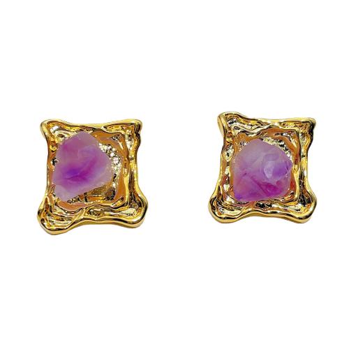 Gemstone Stud Earring, Brass, with Amethyst, fashion jewelry & for woman, golden 