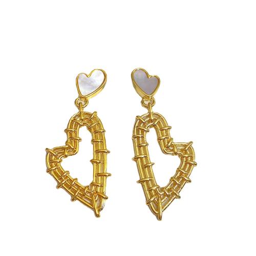 Brass Drop Earring, with White Shell, Heart, fashion jewelry & for woman & hollow, golden [