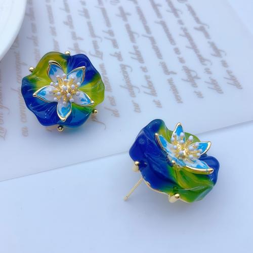 bijoux de boucles d'oreilles en résine, laiton, avec résine, bijoux de mode & pour femme, bleu Vendu par paire