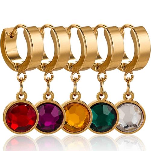 Huggie Hoop Drop Earring, 304 Stainless Steel, Round, gold color plated, for woman & with rhinestone 