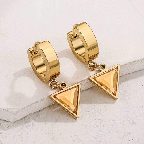 Huggie Hoop Drop Earring, 304 Stainless Steel, Triangle, gold color plated, for woman & with rhinestone 