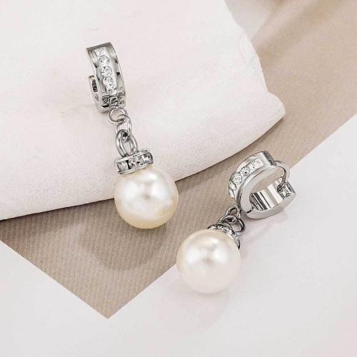 Huggie Hoop Drop Earring, 304 Stainless Steel, with Plastic Pearl, silver color plated & for woman & with rhinestone 