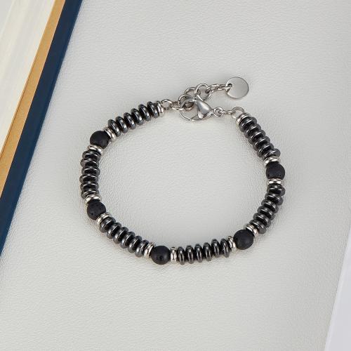 Joyería pulseras de acero inoxidable, acero inoxidable 304, con lava & Hematite, con 2.5CM extender cadena, chapado en color de plata, para hombre, Negro, longitud:18 cm, Vendido por UD[