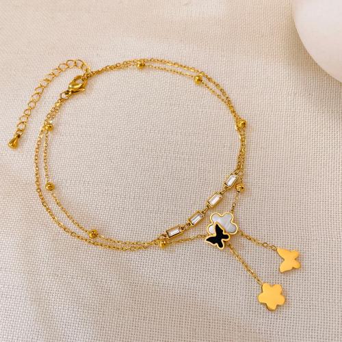 Stainless Steel Anklets Jewelry, 304 Stainless Steel, with Pearl Oyster & Cubic Zirconia, with 4.5CM extender chain, Butterfly, gold color plated, for woman & enamel cm 