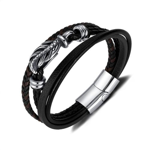 bracelet de cordon en PU , Acier inoxydable 304, avec Aimant & cuir PU, Placage de couleur argentée, multicouche & pour homme, noire .5 cm, Vendu par PC