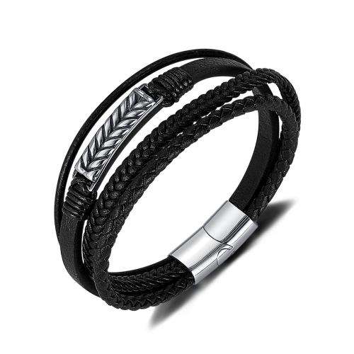 bracelet de cordon en PU , Acier inoxydable 304, avec Aimant & cuir PU, Placage de couleur argentée, multicouche & pour homme, noire cm, Vendu par PC