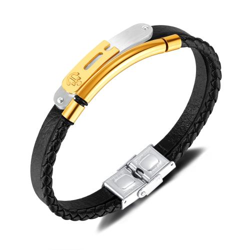 bracelet de cordon en PU , Acier inoxydable 304, avec cuir PU, Placage, pour homme, noire cm, Vendu par PC