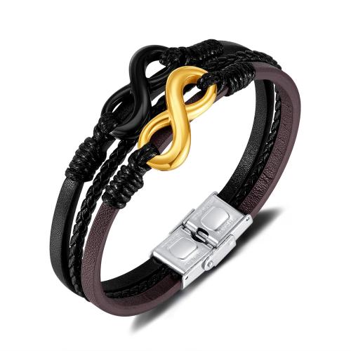 bracelet de cordon en PU , Acier inoxydable 304, avec cuir PU, Infini, Placage, multicouche & pour homme, couleurs mélangées cm, Vendu par PC