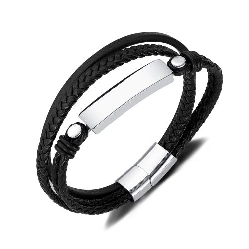 bracelet de cordon en PU , Acier inoxydable 304, avec Aimant & cuir PU, Placage de couleur argentée, multicouche & pour homme, noire .5 cm, Vendu par PC