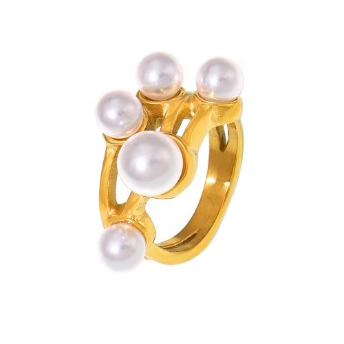 Stainless Steel Finger Ring, 304 Stainless Steel, with Plastic Pearl, plated & for woman & hollow 