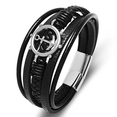 bracelet de cordon en PU , Acier inoxydable 304, avec Microfibre PU, poli, unisexe & normes différentes pour le choix, noire, Vendu par PC