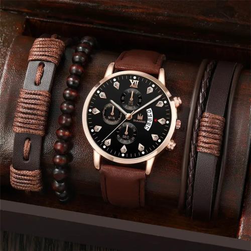 Zinc Alloy Bracelet Set, watch & bracelet, with PU Leather & Glass & 304 Stainless Steel, plated, fashion jewelry & for man Approx 24.5 cm 