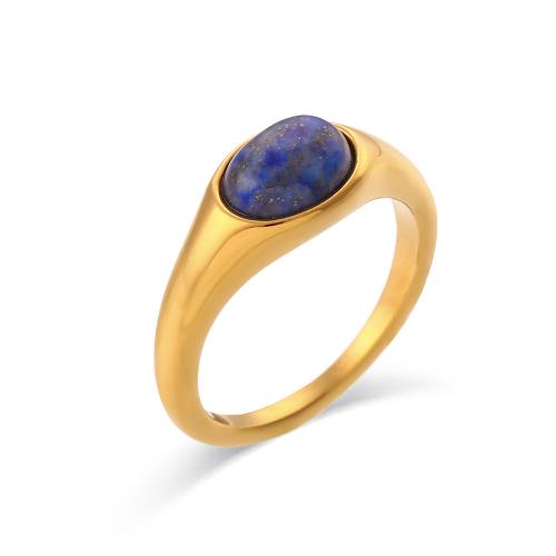 304 Stainless Steel Finger Ring, with Lapis Lazuli, fashion jewelry & for woman, golden 