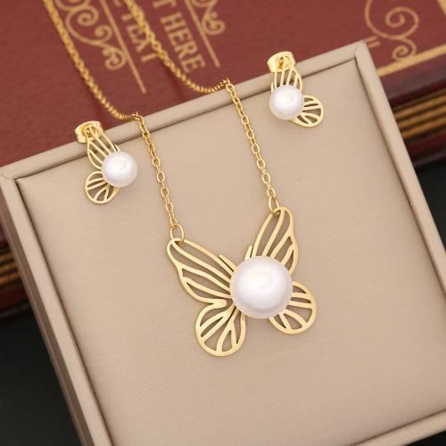 Fashion Stainless Steel Jewelry Sets, 304 Stainless Steel, with Plastic Pearl, with 5cm extender chain, fashion jewelry & for woman, golden Approx 40 cm 