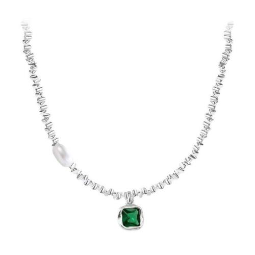 Gemstone Freshwater Pearl Necklace, 925 Sterling Silver, with Emerald & Freshwater Pearl, fashion jewelry & for woman Approx 45 cm 