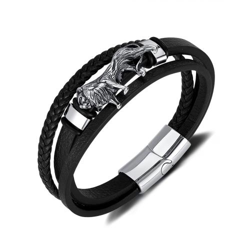 bracelet de cordon en PU , Acier inoxydable 304, avec Aimant & cuir PU, lion, Placage de couleur argentée, multicouche & pour homme, noire .5 cm, Vendu par PC