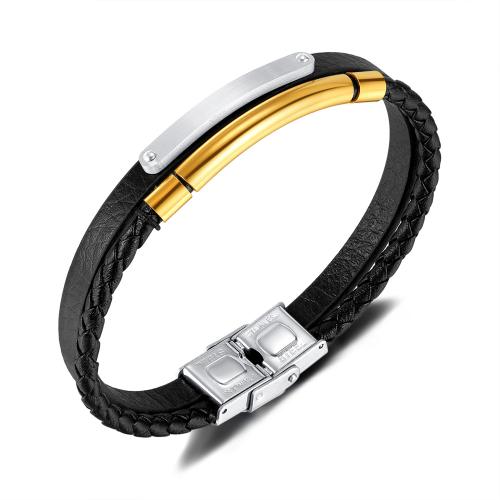 bracelet de cordon en PU , Acier inoxydable 304, avec cuir PU, Placage, Double couche & pour homme, noire cm, Vendu par PC