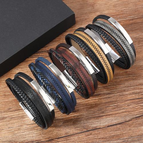 PU Leather Cord Bracelets, Zinc Alloy, with Magnet & PU Leather & Wax Cord, plated, three layers & for man .5 cm 