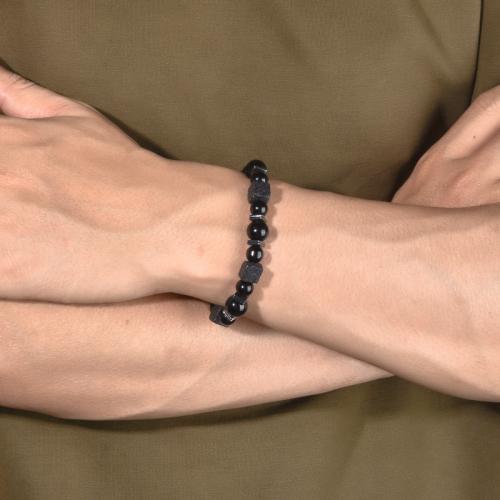 Gemstone Bracelets, Lava, with Obsidian, Adjustable & for man, black [