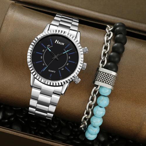 Zinc Alloy Bracelet Set, with PU Leather & Gemstone & Glass & Resin & 304 Stainless Steel, plated & for man Approx 24.5 cm 