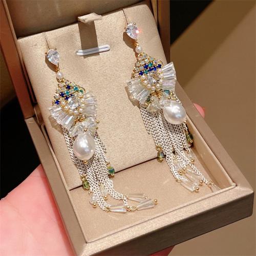 Fashion Fringe Earrings, Zinc Alloy, with Plastic Pearl, fashion jewelry & for woman & with rhinestone, 98mm 