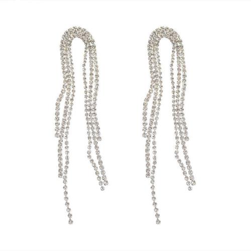 Fashion Fringe Earrings, Zinc Alloy, fashion jewelry & for woman & with rhinestone, silver color, 82mm 