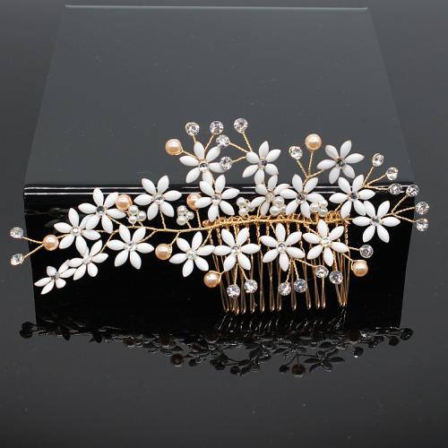 Decorative Hair Combs, Brass, with Plastic Pearl, fashion jewelry & for woman & with rhinestone 