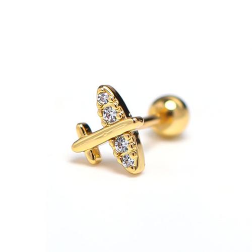 Arito de imitación de diamante de acero inoxidable, acero inoxidable 304, Avión, Recubrimiento iónico al vacío, Joyería & unisexo & con diamantes de imitación, dorado, 9x13mm, Vendido por UD