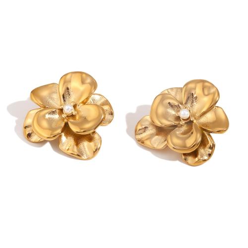 Edelstahl Stud Ohrring, 304 Edelstahl, mit Kunststoff Perlen, Blume, goldfarben plattiert, Modeschmuck, goldfarben, 23x23.5mm, verkauft von Paar