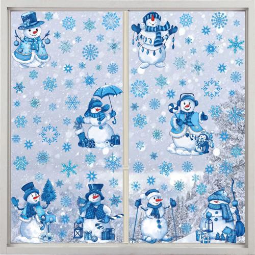 plástico PVC Pegatina de pared de Navidad, con Papel, Hombre de Nieve, Impresión, impermeable & cara doble, azul, 200x300mm, Vendido por Set[