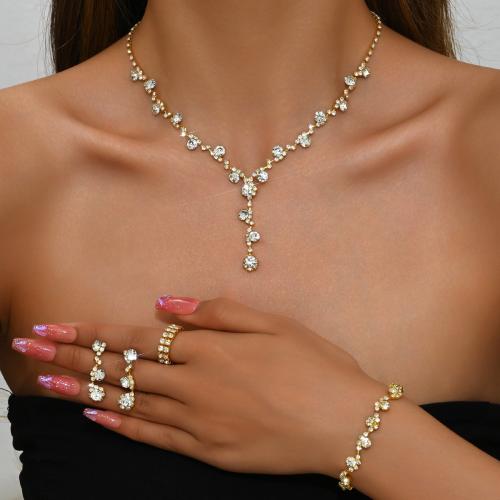 Brass Jewelry Set, finger ring & bracelet & earring & necklace, with Rhinestone, plated, 4 pieces & for woman 