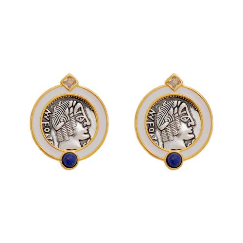 Gemstone Stud Earring, Brass, with Lapis Lazuli, 18K gold plated, fashion jewelry & micro pave cubic zirconia & for woman 