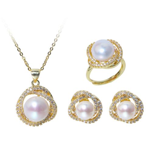 Brass Freshwater Pearl Jewelry Sets, with Freshwater Pearl, with 5cm extender chain, gold color plated & for woman & with rhinestone Approx 40 cm 