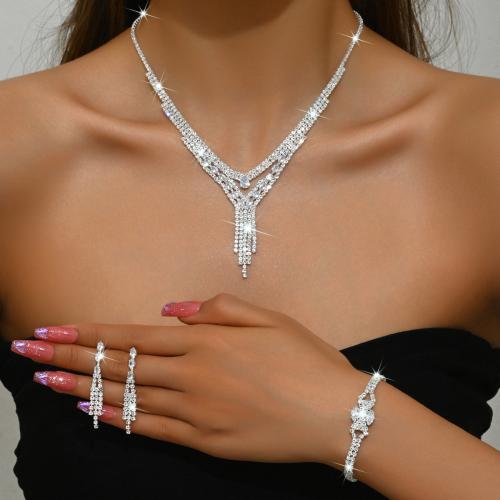 Brass Jewelry Set, bracelet & earring & necklace, plated, three pieces & for woman & with rhinestone, silver color 