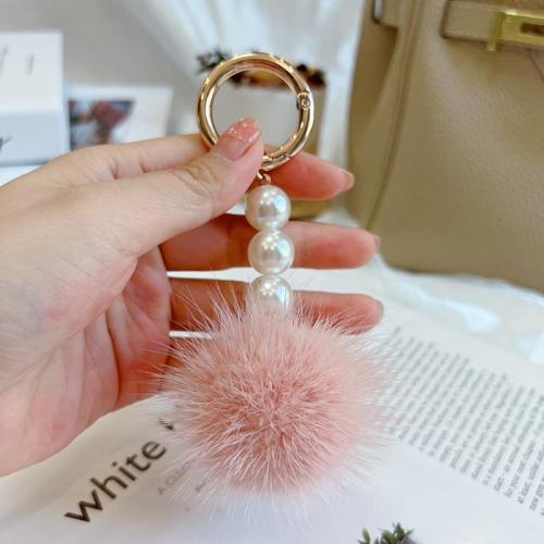 Fabric Key Chain, Zinc Alloy, with Mink fur & Plastic Pearl, multifunctional & for woman 