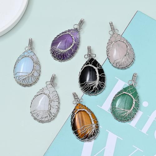 Gemstone Jewelry Pendant, Natural Stone, with Zinc Alloy, Teardrop, silver color plated, DIY 