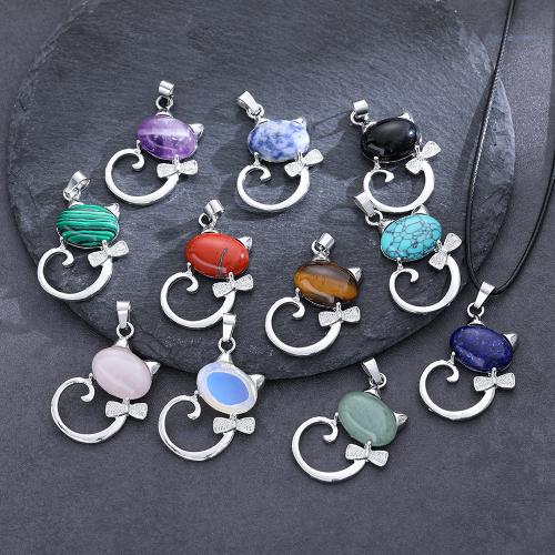 Gemstone Jewelry Pendant, Natural Stone, with Zinc Alloy, Cat, silver color plated, DIY 