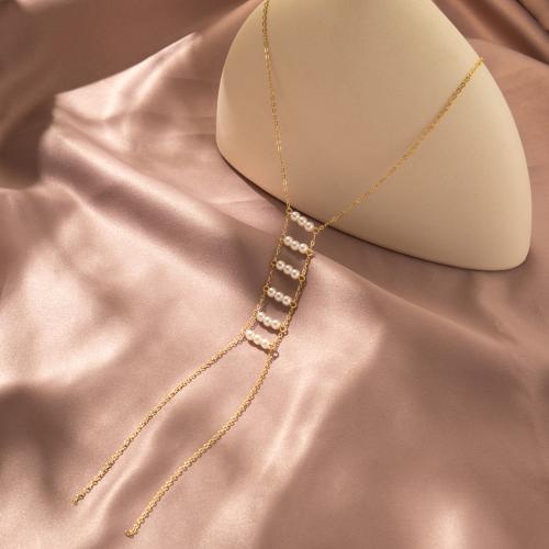 Plastic Pearl Necklace, Iron, with Plastic Pearl, gold color plated, fashion jewelry, golden 