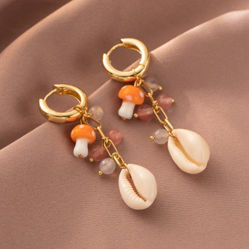 Gemstone Drop Earring, Brass, with Natural Stone & Shell, gold color plated, fashion jewelry, golden 