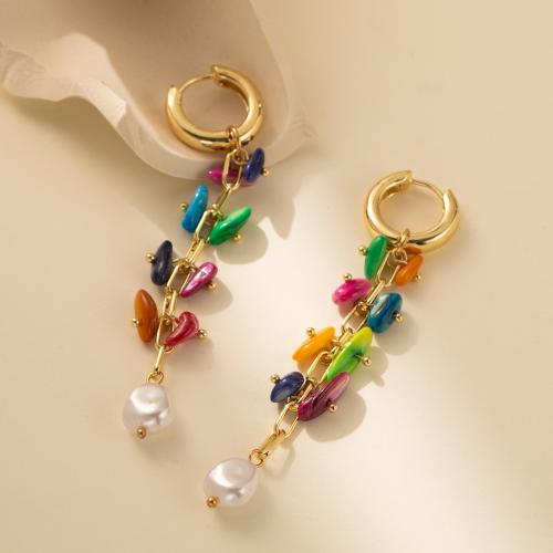 Gemstone Drop Earring, Brass, with Natural Stone & Plastic Pearl, gold color plated, fashion jewelry, golden 