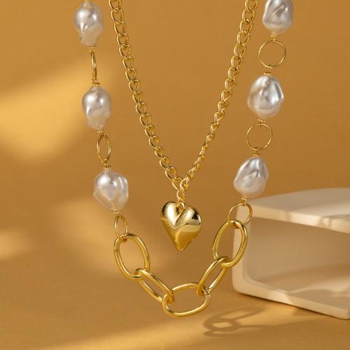 Plastic Pearl Necklace, Iron, with Plastic Pearl, gold color plated, fashion jewelry, golden 