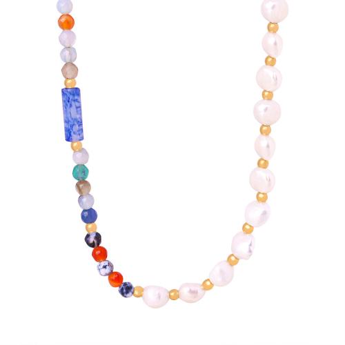 Collier de perles d'eau douce , Acier titane, avec Pierre naturelle & Agate & perle d'eau douce cultivée, avec 7cm chaînes de rallonge, fait à la main, bijoux de mode & pour femme, Or Environ 40 cm, Vendu par PC